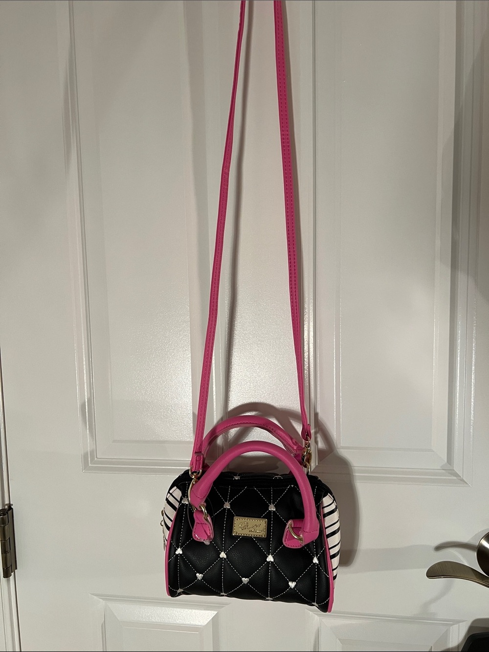 Betsey Johnson Black Quilted Crossbody with Hot Pink Trim